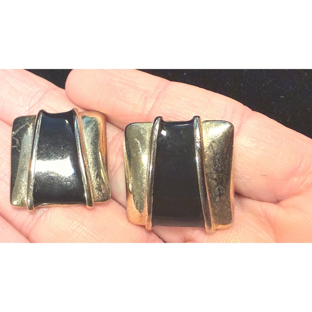 Vintage 80s Black Enamel Gold Tone Square Stud Earrings Geometric Statement